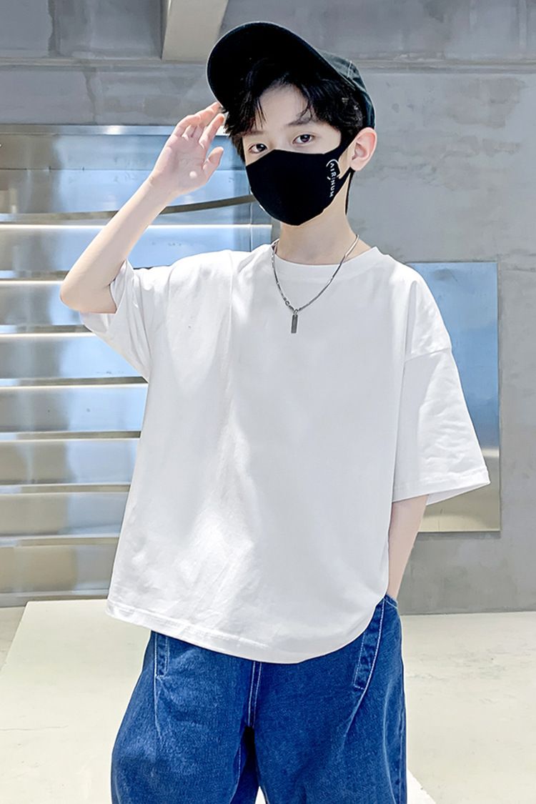 Camiseta de manga corta de color liso para niño - 95 % algodón, transpirable, para niños y adolescentes (8-14 años), suave e informal, ideal para verano (negro/blanco, 110-170 cm)_voghion.com