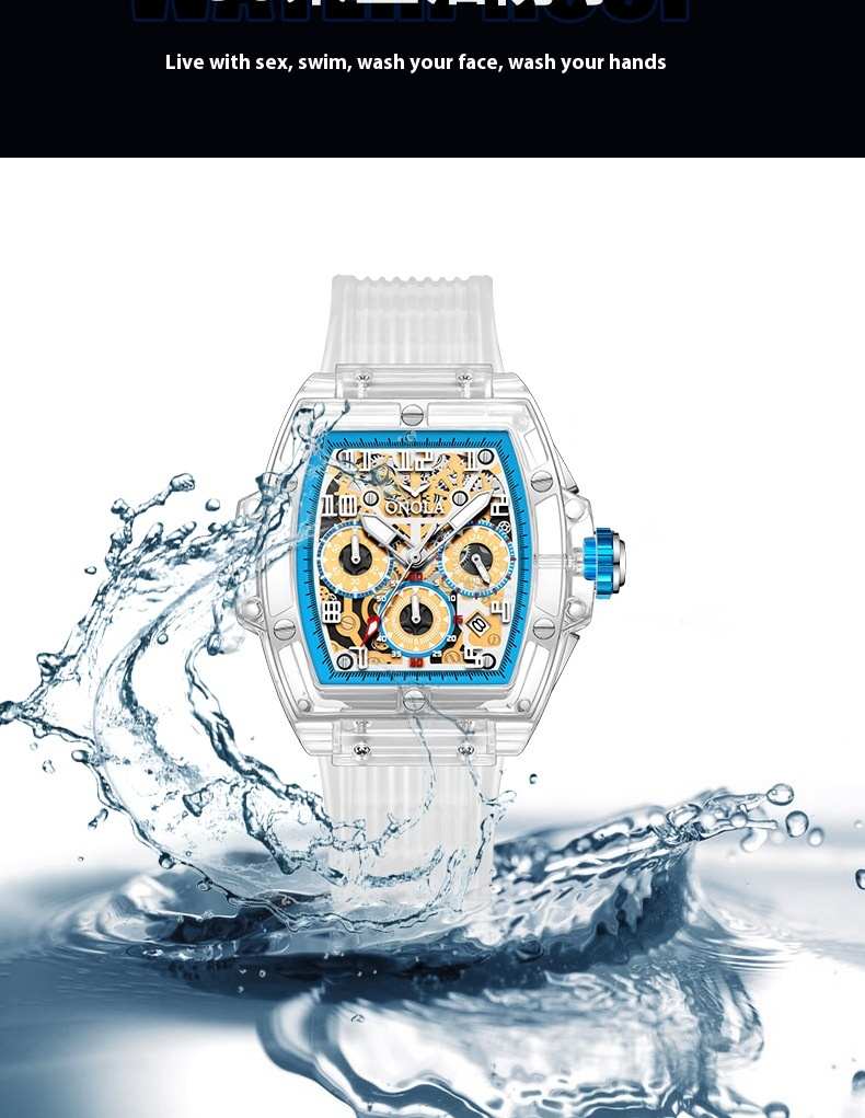 Orologio da uomo con nastro impermeabile al quarzo in plastica ONOLA/Orona con design a botte di vino trasparente_voghion.com