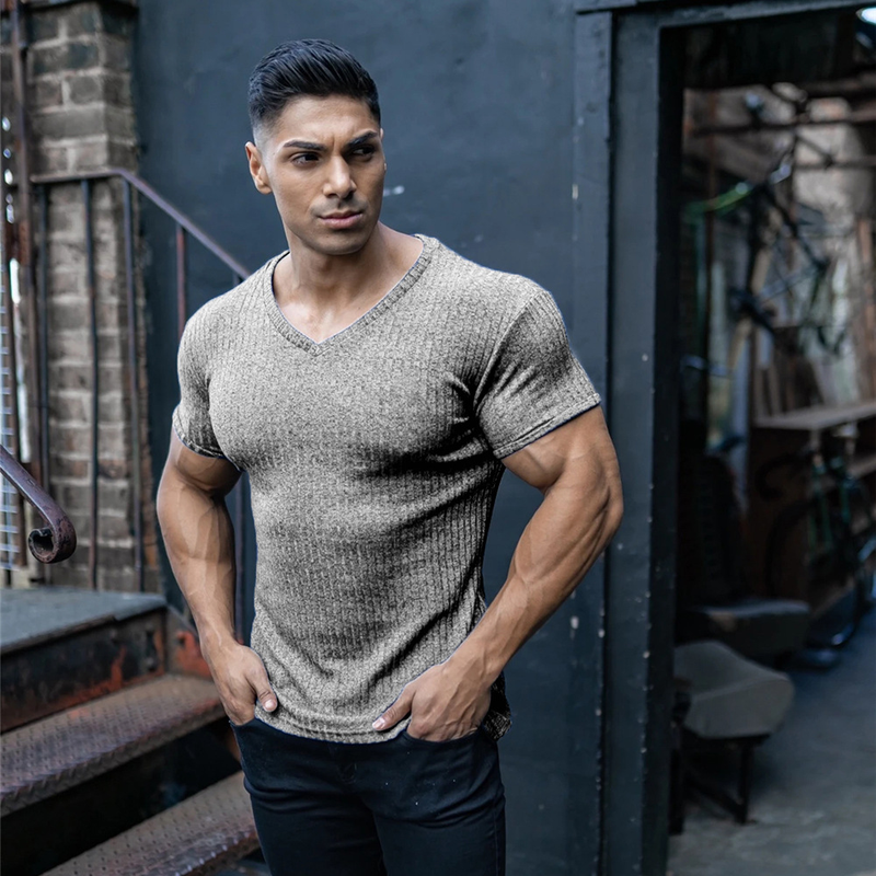 Sommer Herren Sport Fitness Kurzarm T-Shirt Freizeit Slim Fit Strickshirt Enges, superelastisches, atmungsaktives T-Shirt_voghion.com