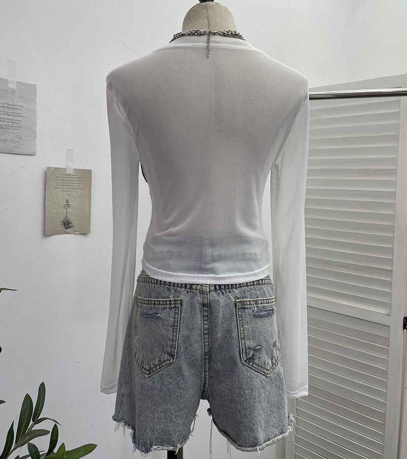 Damenbekleidung Mädchen Design Mesh Splicing Denim Top Langarm Bottoming Shirt Schlankes kurzes Nischen-T-Shirt_voghion.com