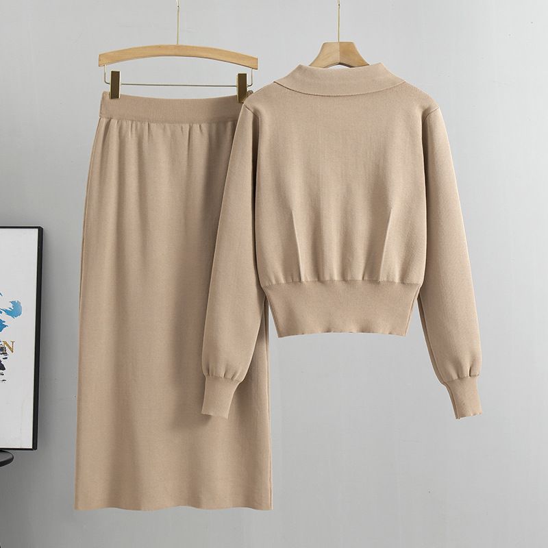 Franse stijl revers nieuw geïnspireerd pak herfst winter trui dames vest top gebreide slim fit rok tweedelige set_voghion.com