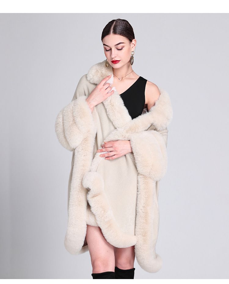 Pelerină cu guler de blană, cardigan tricotat lejer, mărime plus, pelerină pentru femei_voghion.com