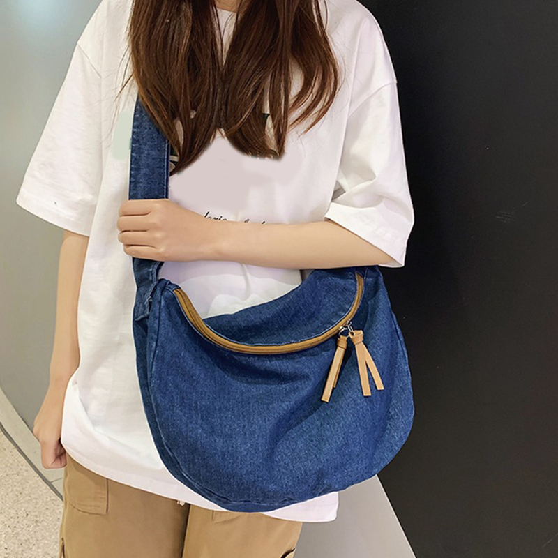 Lihanbao Stylish Messenger Bag Denim Crossbody Bag Casual Canvas Tote Large Capacity Adjustable Strap Zip Closure Student Satchel For Women -Dark Blue_voghion.com