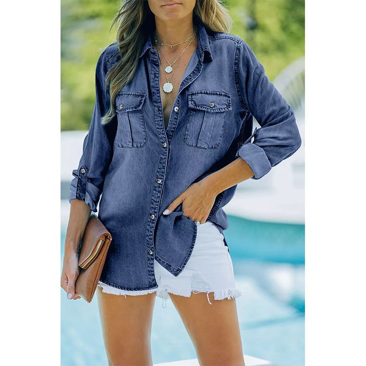 Women's Fashion 2023 Spring New Turn-down Collar Pocket Tencel Shirt Casual Denim Blouse_voghion.com