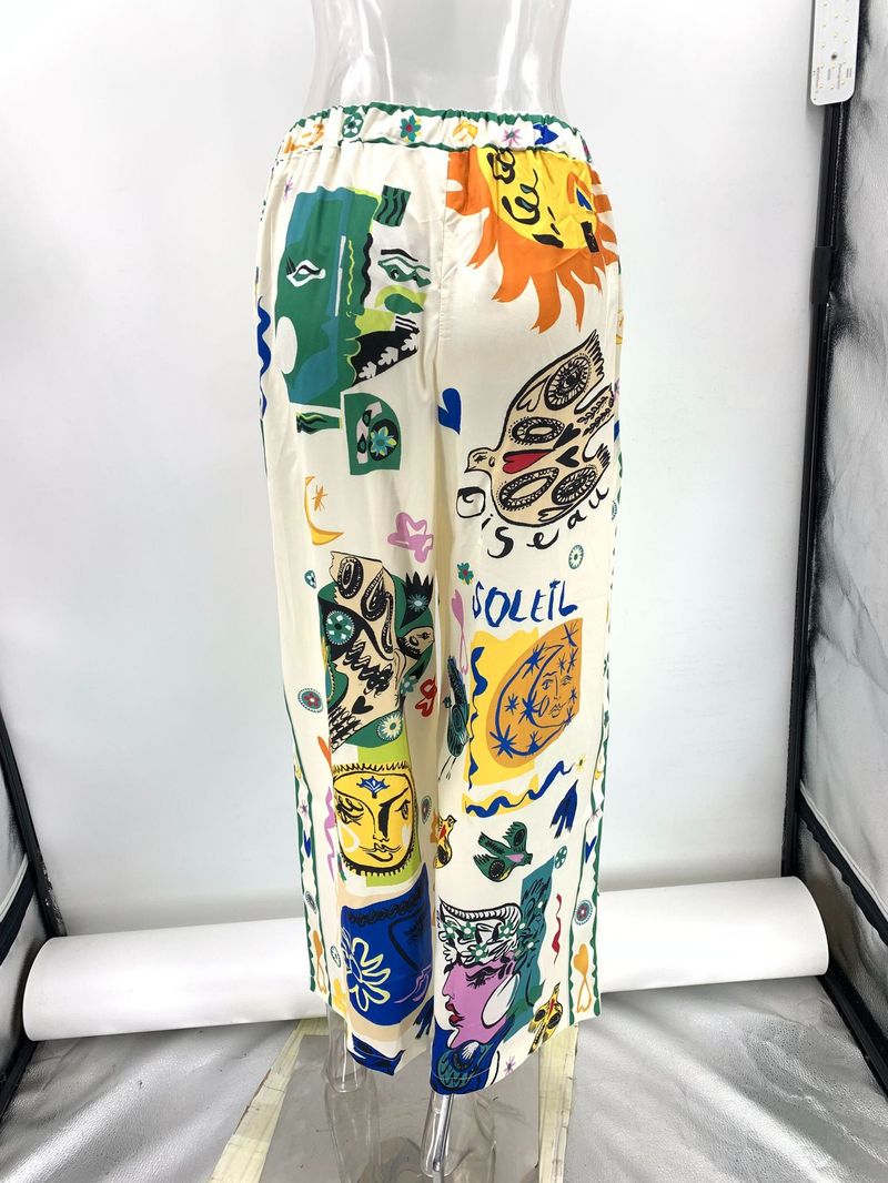 Damer 2024 Sommar Fritidskläder Damer Satin Stretch Frukttryck Graffiti Byxor med vida ben Fritidsbyxor_voghion.com