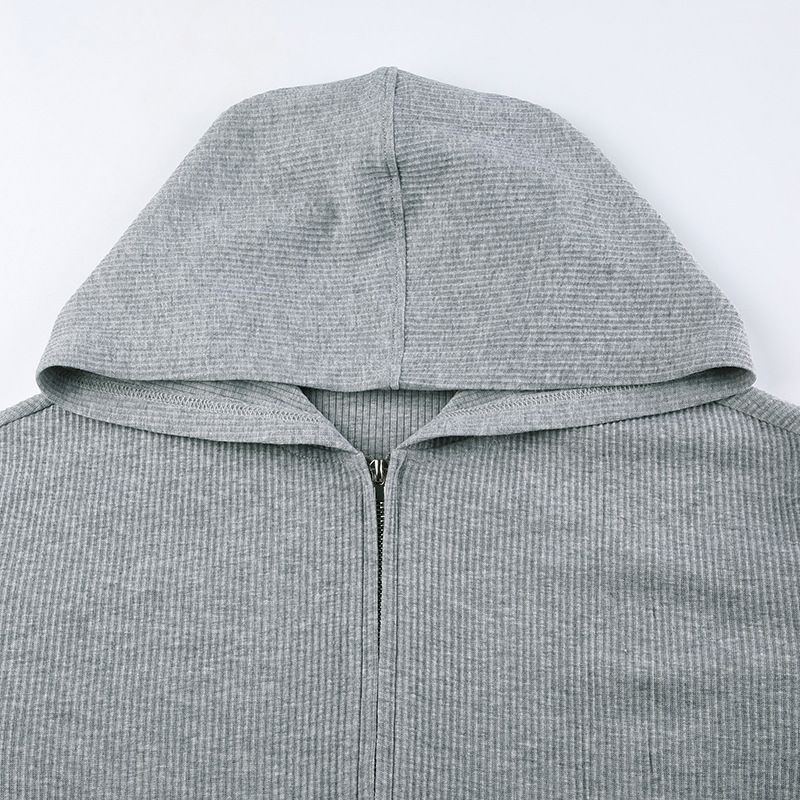 Women's Clothing Solid color knitted zipper hooded cardigan sweatshirt V neck triangle cup bra high waisted tight shorts casual three piece set_voghion.com