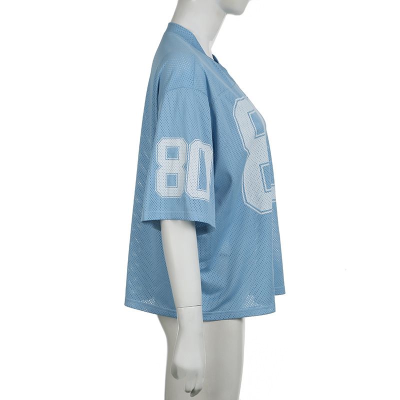Abbigliamento da donna, stile street style, stile hottie, maglietta oversize con stampa di lettere, maniche corte, scollo a V, ampia e sottile, basic_voghion.com
