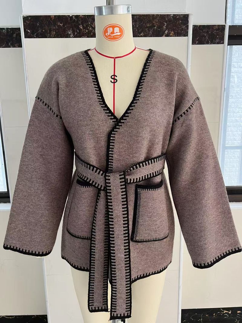 Elegant Belted Knit Cardigan - Oversized Longline V-Neck Sweater With Contrast Trim, Soft Lambswool Blend, Casual & Chic_voghion.com