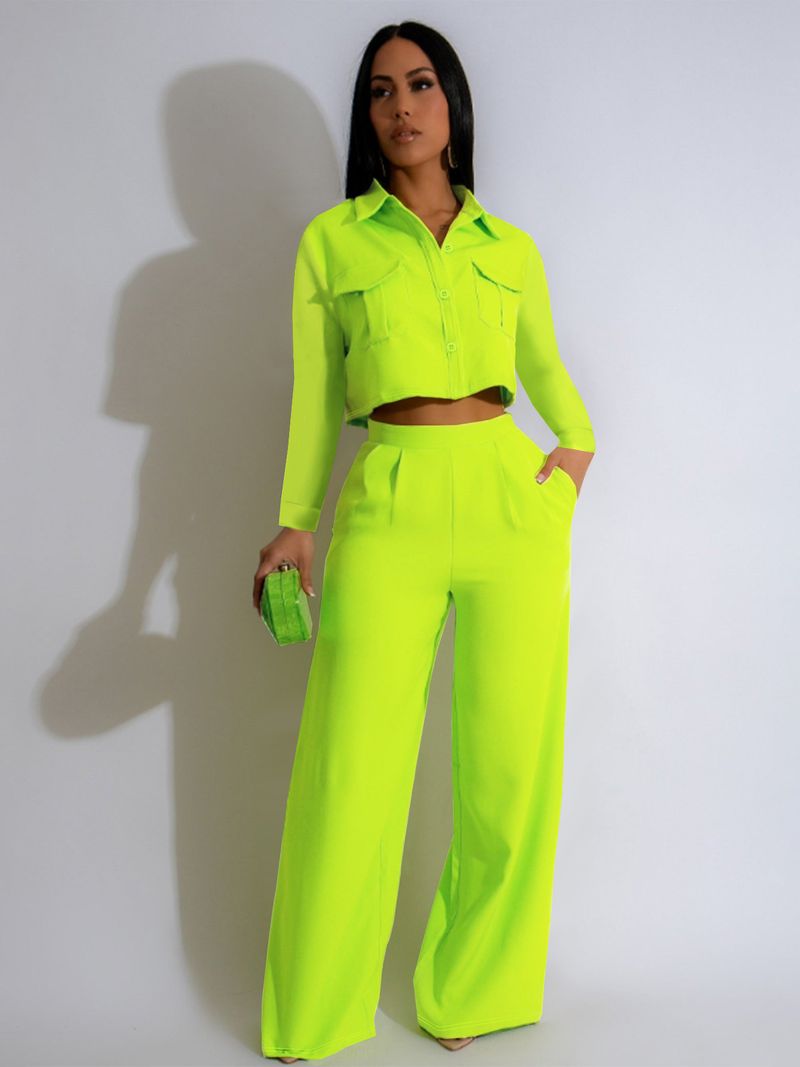 Damenbekleidung Herbstmode Revers Langarm Hohe Taille Weite Beinhose Pendeln Eleganter Anzug_voghion.com