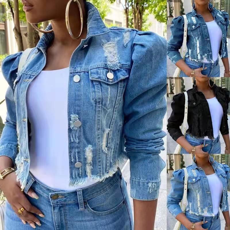 Women's Distressed Denim Jacket – Oversized Washed Cropped Streetwear Top With Raw Hem_voghion.com