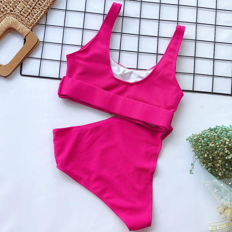 Hot Bikini Hot Sale High Waist Solid Color Bikini Pit Strip Swimsuit Split Buckle Bikini_voghion.com