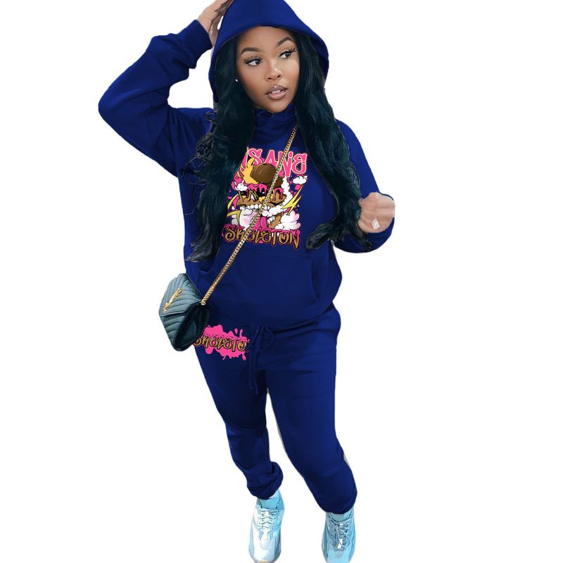 Tuta sportiva stampata casual da donna con felpa in pile con cappuccio in due pezzi_voghion.com