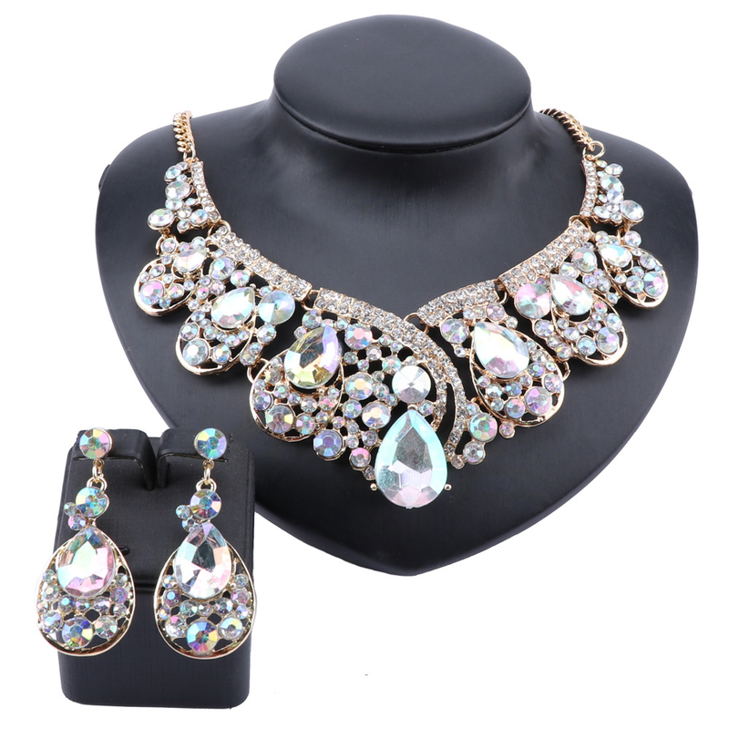 Modischer Kristall Choker Statement Halskette Ohrring Kragen Boho Schmuckset Hochzeitsgeschenk Frauen Bräute Abschlussball Party_voghion.com