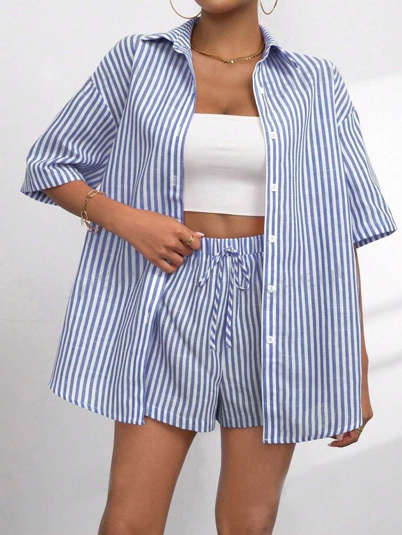 Ensemble deux pièces pour femme, décontracté, rayé, manches courtes, pantalon, revers_voghion.com