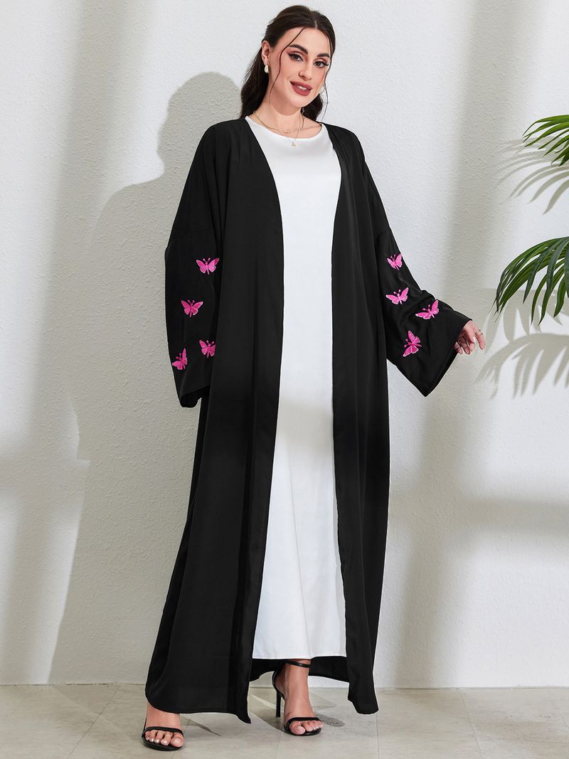 Abito lungo elegante da donna con tasca, cardigan aperto con farfalla ricamata, moda musulmana, tessuto in poliestere per il Medio Oriente_voghion.com