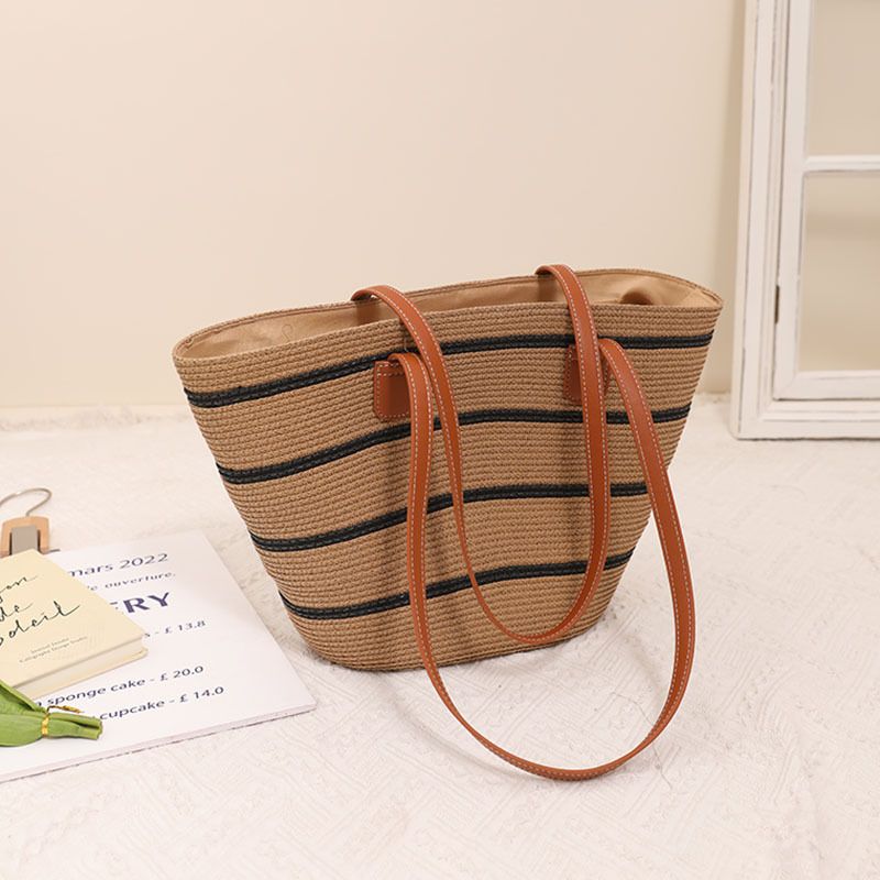 Borsa da spiaggia in rattan intrecciato, nuova, versatile, casual, da donna, a tracolla singola, a righe, in paglia, estiva, grande capacità_voghion.com