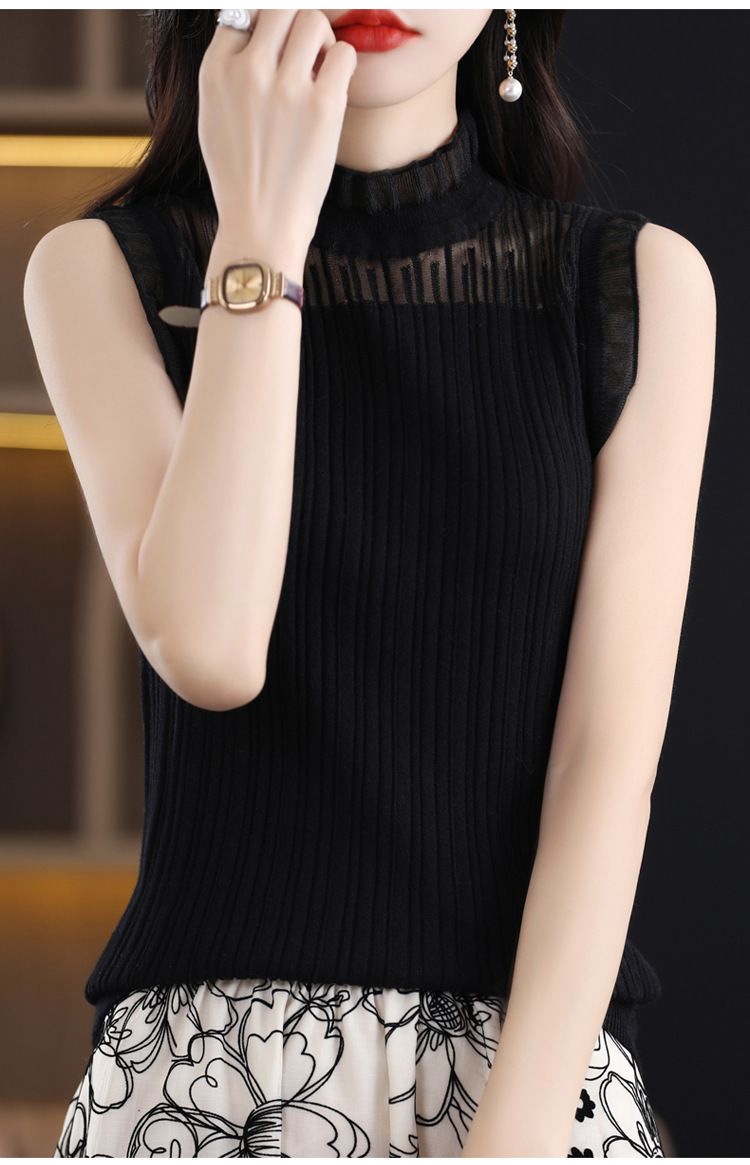 French Gentle Wind Pole Level Feeling Stehkragen Spitze Splice Wolle Kurzarm Unterlage Tank Top Gestricktes Unterhemd_voghion.com