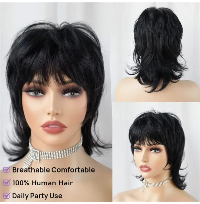 99J Ekte hår Mullet-parykk Pixie Cut-parykker 70-80-tallet Uten blonder foran Parykk med lugg Kort, raggete lagdelt Parykk til fest, cosplay-bruk_voghion.com
