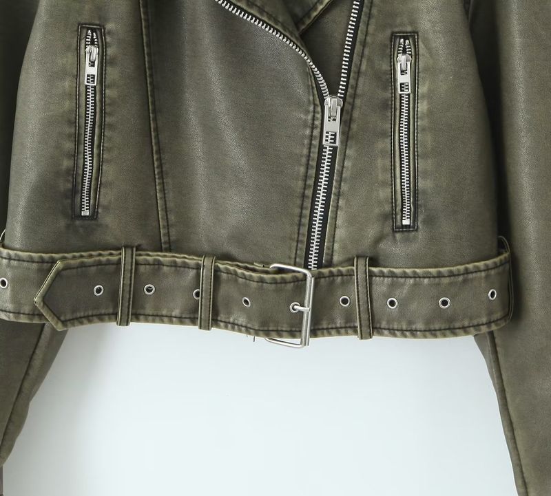 Giacca in similpelle vintage da donna – Cappotto oversize in PU con effetto slavato, stile biker streetwear con cerniera (grigio/verde militare/nero, S-L)_voghion.com