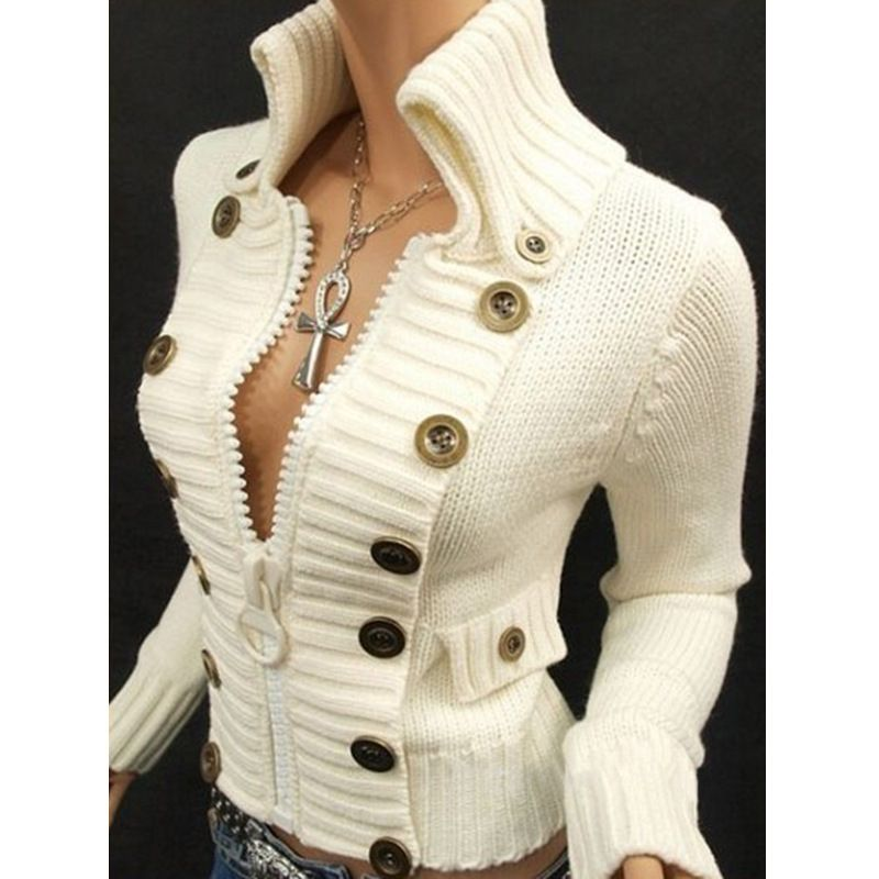 Women's Fashion Stand Collar Zipper Slim Sweater Women's Solid Color Button Up Top_voghion.com