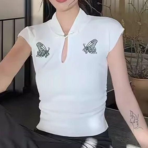 Chinese Embroidered Butterfly Short sleeved T-shirt for Women 2024 Summer New Style Stand up Collar with Hollow Design,_voghion.com