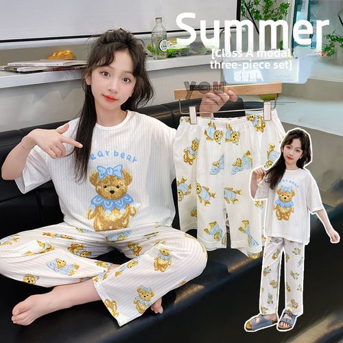 Chinese Style Printed Three-piece Set Girl's Class A Modal suit 24 Summer New Children's Short-sleeved Shorts Trousers_voghion.com
