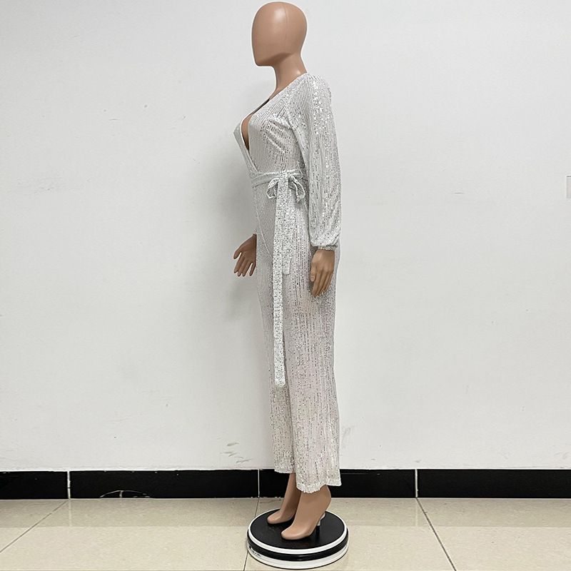 Damkläder Ins Style Deep V Mode Casual Jumpsuit Långärmat Bälte Paljett Jumpsuit Dam_voghion.com