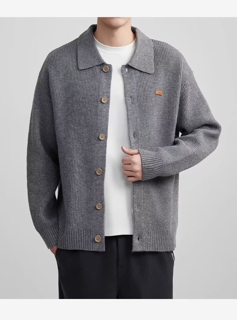 Herren Leichter Polo-Revers-Cardigan – Business Casual Strickpullover (Schwarz/Grau/Apricot, Größen M-XXXL)_voghion.com