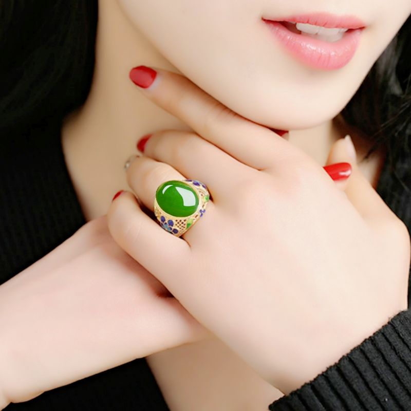 Openwork Cloisonné Jade Green Agate Palace Style Gift For Mom Mother's Day Ring_voghion.com