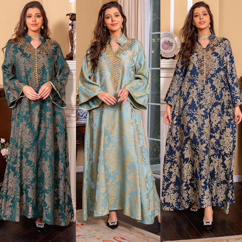 Women's Clothing Muslim Evening Gown Jacquard Embroidery Dress Beading Fashion Kaftan Arabian Dubai Robe_voghion.com