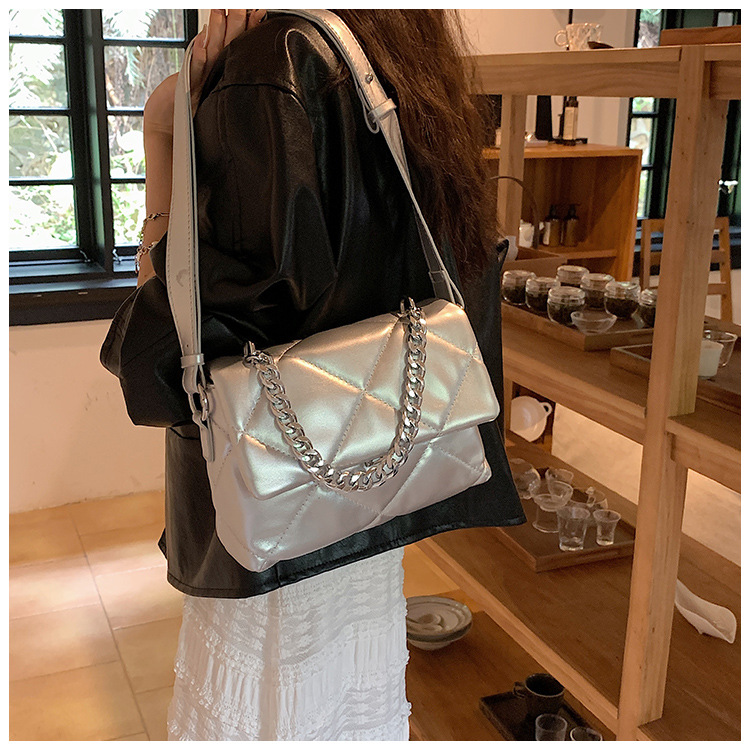 Borsa da donna New S a spalla singola Borsa a tracolla in argento squisito di fascia alta Borsa quadrata piccola con tracolla larga_voghion.com