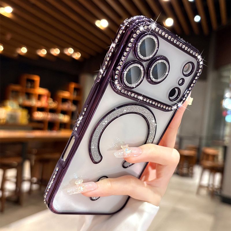 NEW Orange Luxury Sparkle Diamond Transparent Magnetic Case For IPhone 17 16 15 14 13 ProMax 17Air Full Lens Coverage Soft Cover_voghion.com