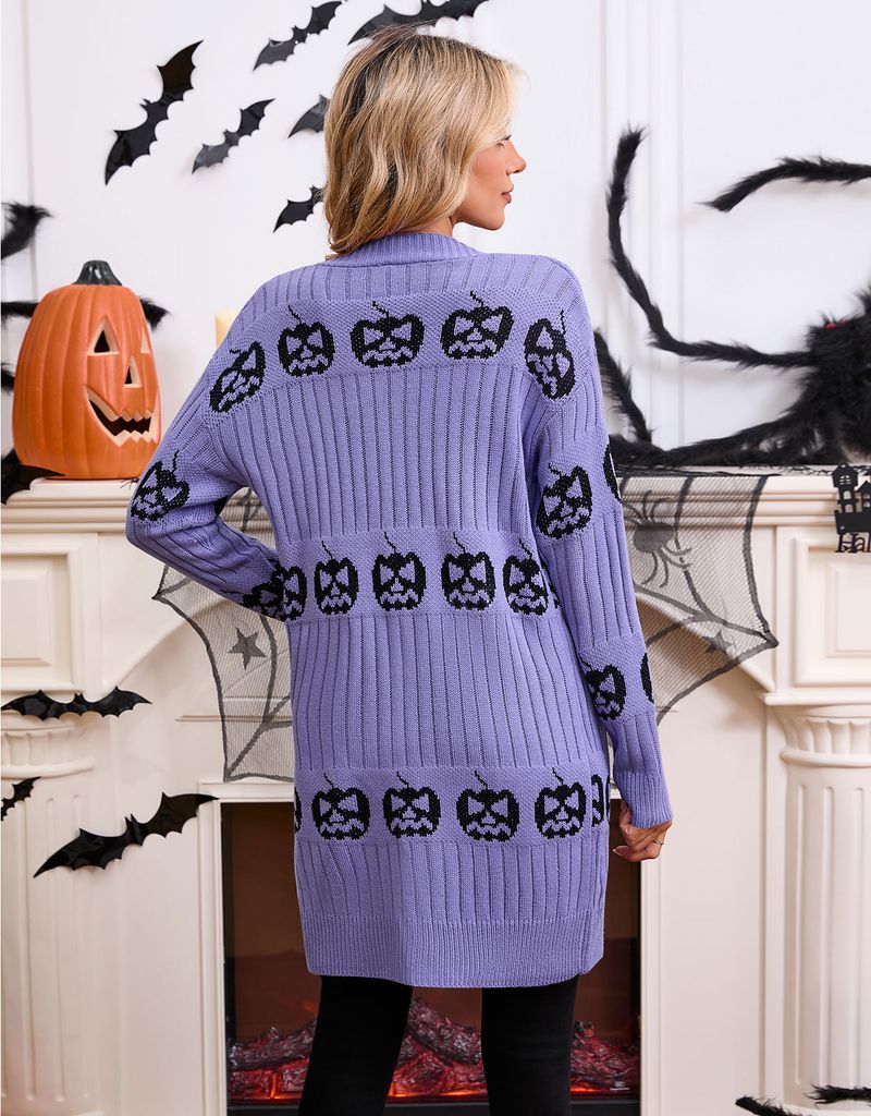 Halloween Pumpkin Jacquard Cardigan Sweater For Women - Acrylic Knit Open Front Coat With V-Neck, Long Sleeve (Black/Orange/Purple)_voghion.com