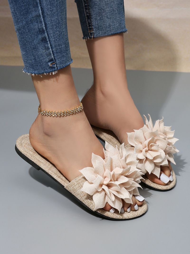 Women's Shoes Large Size Summer New Single Slotted Flat Casual Sandals With Flower Soft Soled Beach Shoes_voghion.com