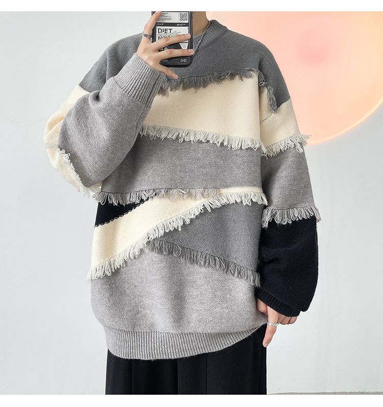 Retro-Strickpullover – Oversize-Unisex-Pullover mit Kontrastbesatz und Fransen_voghion.com