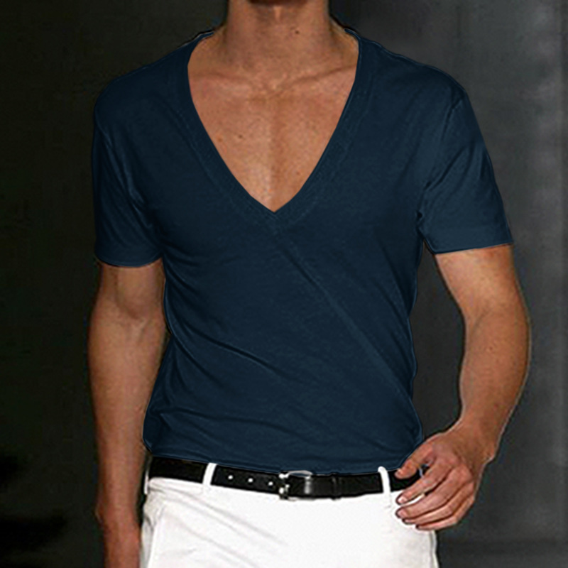 Camiseta deportiva de fitness para hombre, de algodón, para tiempo libre, que absorbe el sudor, de color liso, con escote en V profundo_voghion.com