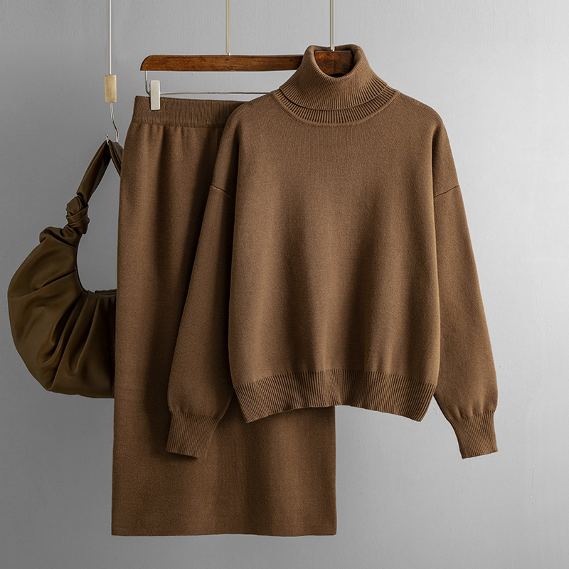 Women's clothing Solid color turtleneck sweater half-body hip-hugging skirt two-piece set knitted suit for women_voghion.com