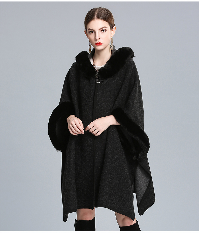 Women's imitation Rex rabbit collar hooded shawl cape large size woolen coat loose cardigan_voghion.com