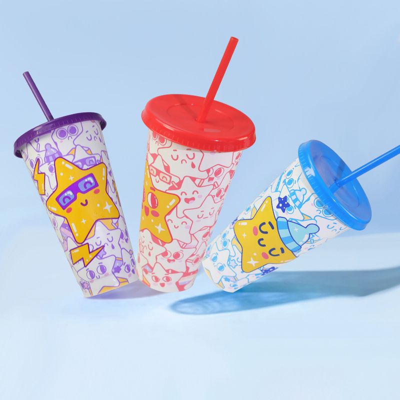 Large Capacity Pp Plastic Single Layer Cold Changing Star Cup High Value Three Piece Straw Color Changing Cup_voghion.com