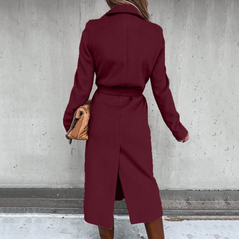 Autumn and winter women's solid color lapel long-sleeved woolen jacket simple strappy windbreaker_voghion.com