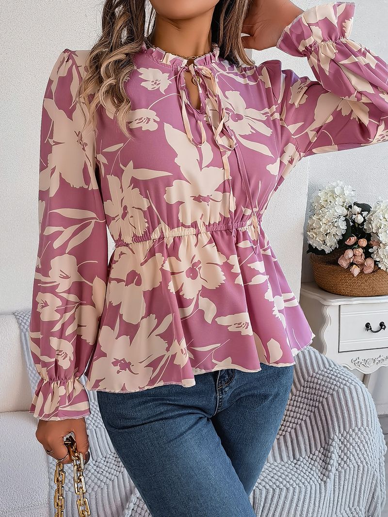 2025 herbst Winter Neue Casual Floral Lace-Up Langarm Chiffon Bluse frauen Mode_voghion.com