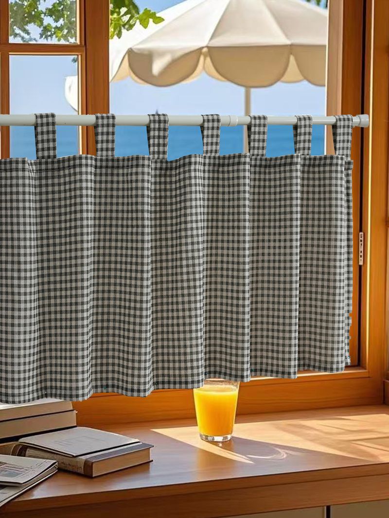 Cortinas xadrez boêmias para cozinha, quarto e cafeteria – Cortina de porta e janela de linho e algodão estilo Ins com borlas, xadrez vermelho/verde/preto_voghion.com