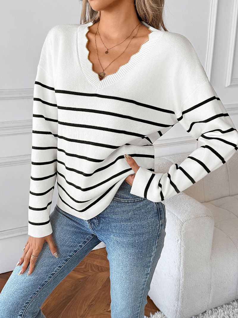 Maglione a righe con scollo a V da donna – Pullover casual oversize a maniche lunghe (S-L, bianco)_voghion.com