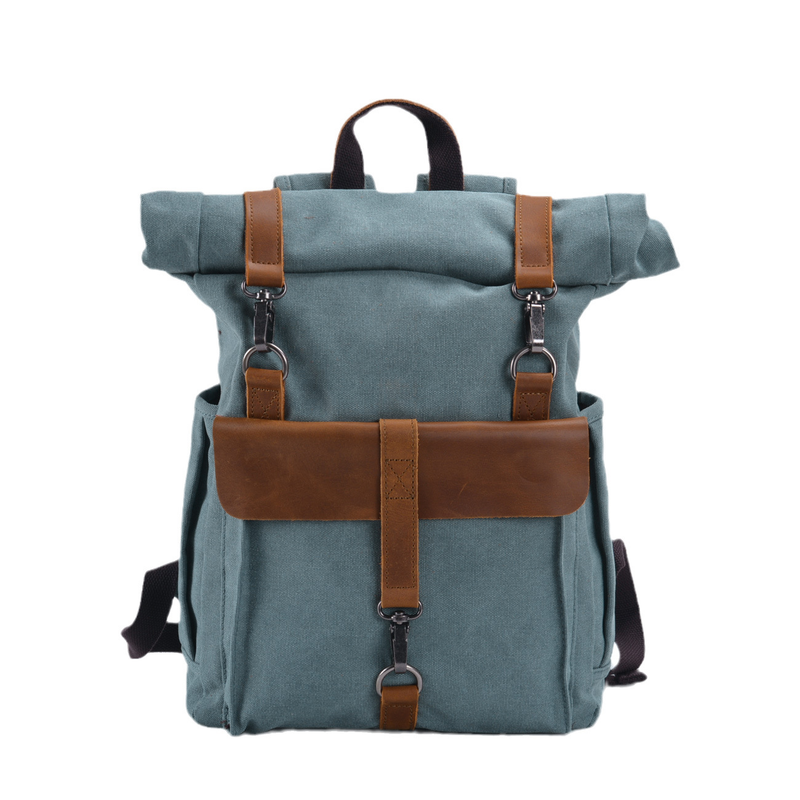 Suitable For All Seasons Muchuan Canvas Men's Backpack College Style School With Layer Cowhide Roll Top Expandable Outdoor Hiking Bag_voghion.com