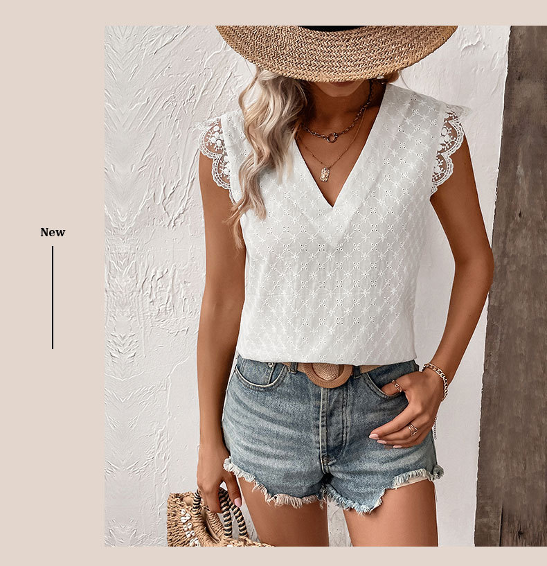 Camicia bianca senza maniche con scollo a V e volant_voghion.com