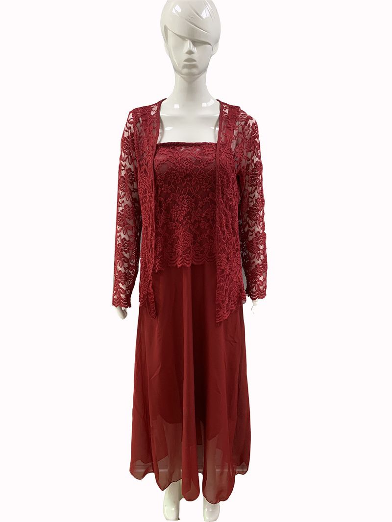 New Fashion Two Piece Lace Cardigan Chiffon Long Dress Large Set_voghion.com