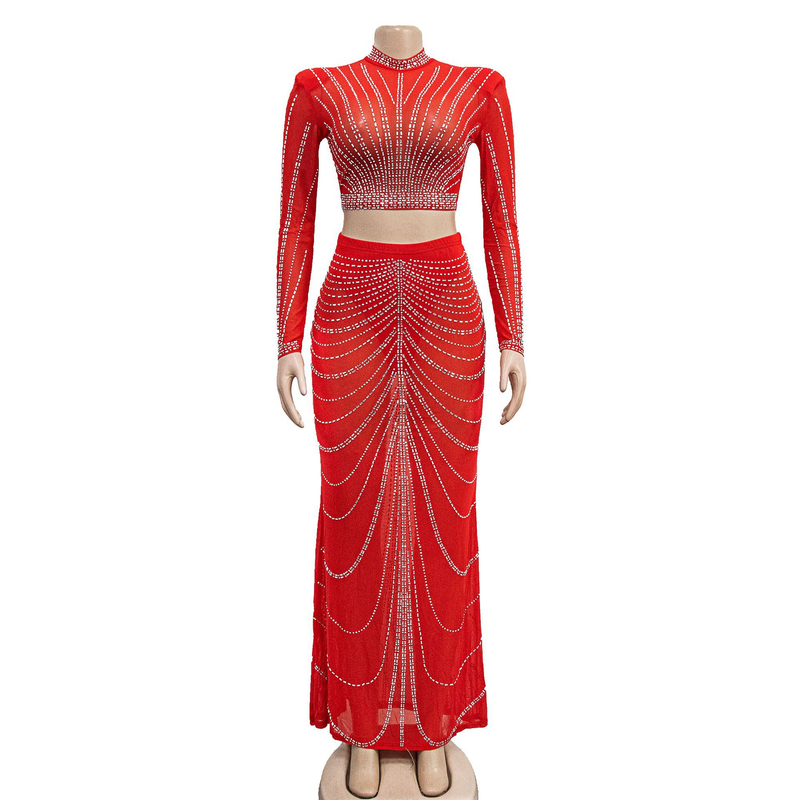 Kadın Giyim Mesh Mesh See Through Uzun Kollu Uzun Etek İki Parça Set_voghion.com