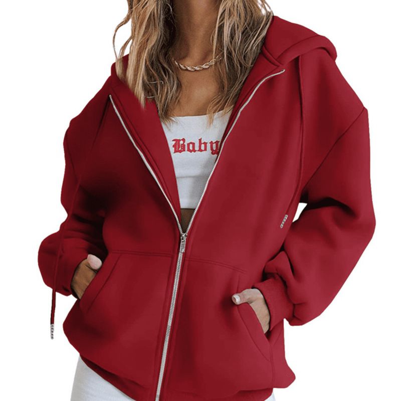 Zipper Oversize Plain Sweatshirt Trendy Loose Plus Size Women's Cardigan Hoodie_voghion.com