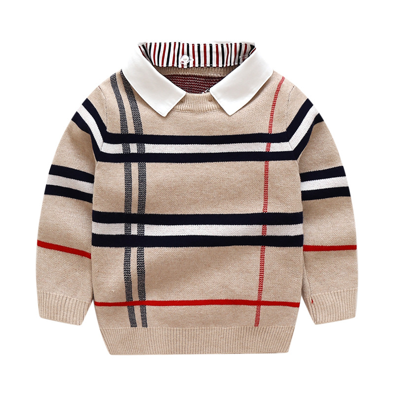 Herfst kinderkleding jongens geruite jacquard trui kinderen afneembare kraag nep tweedelige kerngesponnen garen trui trui_voghion.com