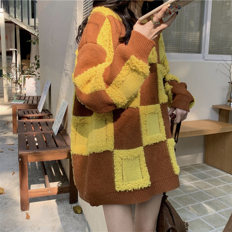 Retro checkerboard plaid sweater for women in autumn and winter thickened outer wear loose lazy style pullover round neck sweater top_voghion.com